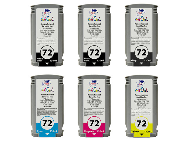 6-Pack of Remanufactured 130ml HP #72 Cartridges for DesignJet T-series
