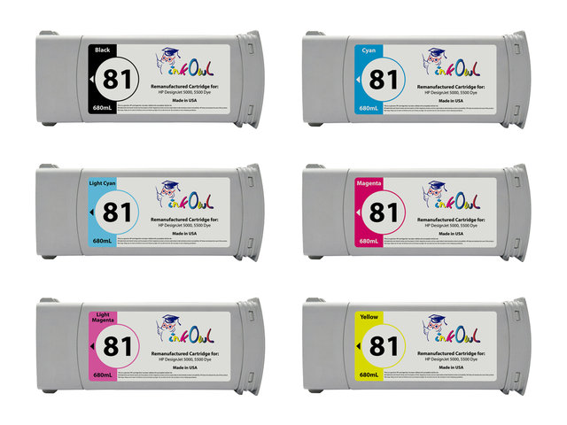 6-Pack of Remanufactured 680ml HP #81 Dye Cartridges for DesignJet 5000, 5500
