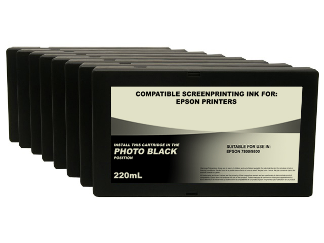 Set of 8 220ml Black Dye Screenprinting Cartridges for EPSON 7800, 9800