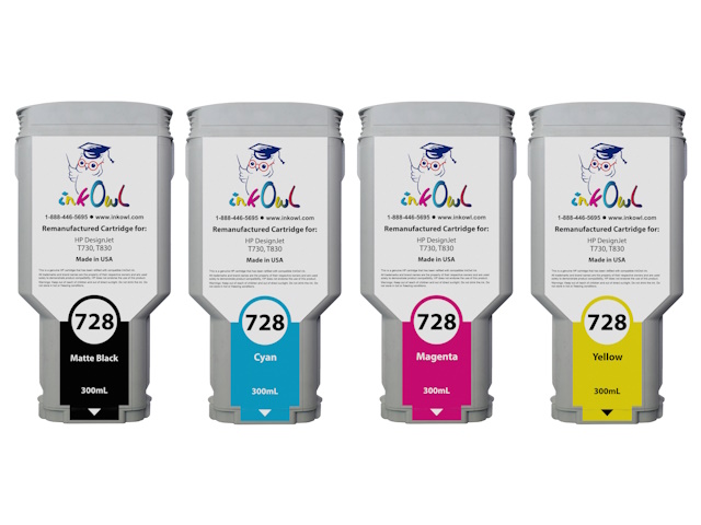 4-Pack of Remanufactured 300ml HP #728 Cartridges for DesignJet T730, T830